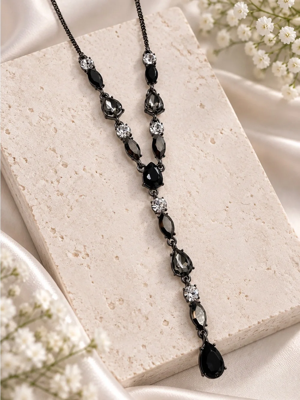 Givenchy Gunmetal Crystal Drop Y Necklace Black Faceted Rhinestones Adjustable